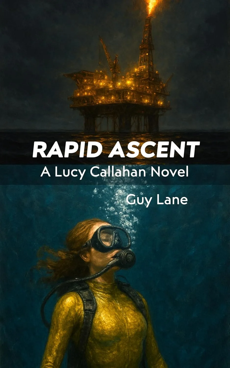 Rapid Ascent book cover — an oil rig looms over a diver rising through dark water